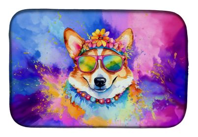 Corgi Hippie Dawg Dish Drying Mat Absorbent Dish Drying Mat Pad for Kitchen Counter Dish Drainer Mat for Countertop, 14 x 21", Multicolor