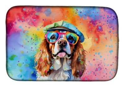 Cavalier Spaniel Hippie Dawg Dish Drying Mat Absorbent Dish Drying Mat Pad for Kitchen Counter Dish Drainer Mat for Countertop, 14 x 21", Multicolor