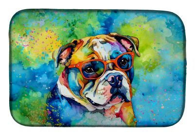 English Bulldog Hippie Dawg Dish Drying Mat Absorbent Dish Drying Mat Pad for Kitchen Counter Dish Drainer Mat for Countertop, 14 x 21", Multicolor