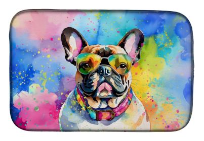 French Bulldog Hippie Dawg Dish Drying Mat Absorbent Dish Drying Mat Pad for Kitchen Counter Dish Drainer Mat for Countertop, 14 x 21", Multicolor